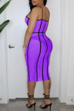 Purple Fashion Sexy Solid Patchwork See-through Backless Spaghetti Strap Sleeveless Dress