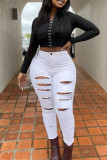 White Fashion Casual Solid Ripped High Waist Skinny Denim Jeans