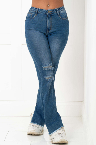 Baby Blue Fashion Casual Solid Ripped High Waist Regular Denim Jeans