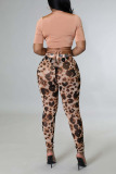 Apricot Pink Sexy Print Leopard Patchwork V Neck Short Sleeve Two Pieces
