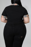 Black Fashion Casual Plaid Print Patchwork Turndown Collar Plus Size Tops