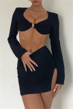 Black Fashion Sexy Solid Patchwork Backless V Neck Long Sleeve Two Pieces