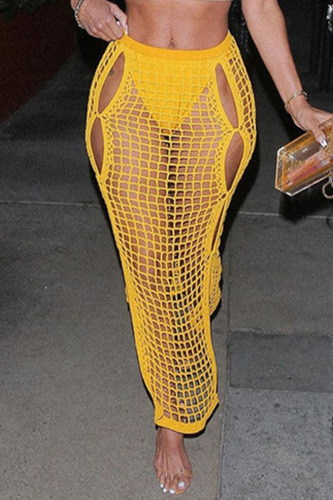 Yellow Sexy Solid Hollowed Out Patchwork Straight High Waist Straight Patchwork Bottoms