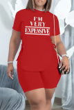 White Fashion Casual Letter Print Bandage O Neck Short Sleeve Two Pieces
