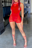 Red Fashion Sexy Solid Patchwork See-through O Neck Skinny Romper