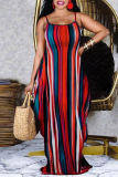 Red Sexy Casual Striped Print Backless Spaghetti Strap Long Dress