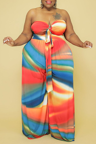 Blue Fashion Sexy Print Backless Strapless Plus Size Two Pieces