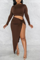 Brown Sexy Solid Split Joint O Neck Irregular Dress Dresses