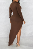 Brown Sexy Solid Patchwork O Neck Irregular Dress Dresses