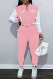 Pink Fashion Casual Letter Print Patchwork Long Sleeve Two Pieces