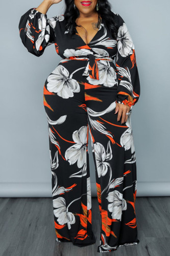 Black Fashion Casual Print Basic V Neck Plus Size Jumpsuits