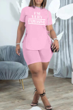 Pink Fashion Casual Letter Print Bandage O Neck Short Sleeve Two Pieces
