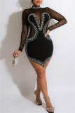Black Fashion Sexy Patchwork Hot Drilling See-through Asymmetrical Turtleneck Long Sleeve Dresses