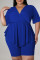 Blue Fashion Casual Solid Patchwork Asymmetrical V Neck Plus Size Two Pieces