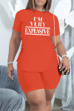 Rose Red Fashion Casual Letter Print Bandage O Neck Short Sleeve Two Pieces
