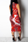 Red Fashion Casual Print With Belt Zipper Collar Sleeveless Dress