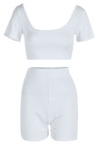 White Sexy Solid Patchwork U Neck Short Sleeve Two Pieces