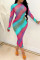 Rose Red Fashion Sexy Striped Print See-through O Neck Long Sleeve Dresses