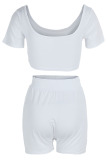 White Sexy Solid Patchwork U Neck Short Sleeve Two Pieces