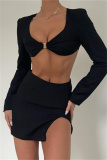 Black Fashion Sexy Solid Patchwork Backless V Neck Long Sleeve Two Pieces