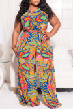 Multicolor Fashion Casual Print Cosplay O Neck Plus Size Jumpsuits