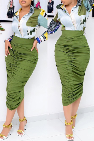 Army Green Fashion Casual Solid Split Joint Fold Regular High Waist Conventional Solid Color Bottoms