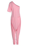 Pink Casual Solid Patchwork Asymmetrical Oblique Collar Loose Jumpsuits