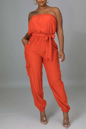 Orange Sexy Solid Patchwork Strapless Straight Jumpsuits