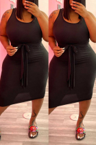 Black Fashion Casual Plus Size Solid Basic U Neck Vest Dress