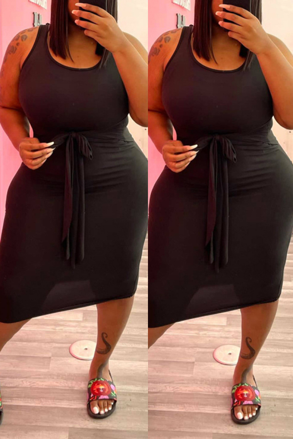 Black Fashion Casual Plus Size Solid Basic U Neck Vest Dress