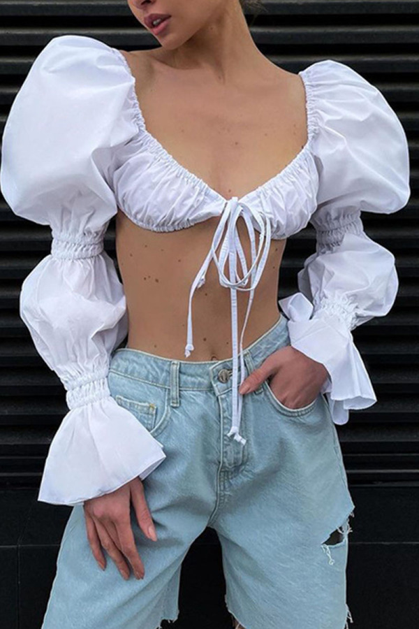 White Sexy Solid Patchwork Frenulum Fold V Neck Tops