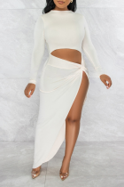 White Sexy Solid Split Joint O Neck Irregular Dress Dresses