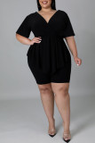 Black Fashion Casual Solid Patchwork Asymmetrical V Neck Plus Size Two Pieces