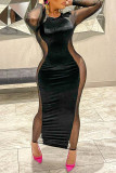 Black Fashion Sexy Solid Patchwork See-through O Neck Long Sleeve Dresses