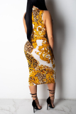 Yellow Fashion Casual Print With Belt Zipper Collar Sleeveless Dress