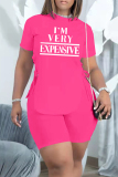 Pink Fashion Casual Letter Print Bandage O Neck Short Sleeve Two Pieces