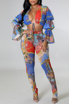 Multi-color Fashion Casual Print Hollowed Out V Neck Long Sleeve Two Pieces