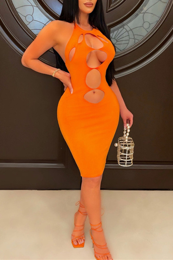 Orange Sexy Solid Bandage Hollowed Out Backless Halter Sleeveless Dress Dresses
