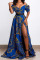 Blue Elegant Print Split Joint V Neck Evening Dress Dresses