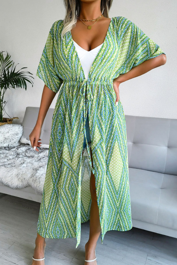Green Casual Print Bandage Patchwork Swimwears Cover Up