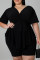 Black Fashion Casual Solid Patchwork Asymmetrical V Neck Plus Size Two Pieces