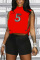 Red Sexy Patchwork Asymmetrical Half A Turtleneck Sleeveless Two Pieces