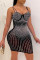 Black Fashion Sexy Patchwork Hot Drilling Backless Spaghetti Strap Sleeveless Dress