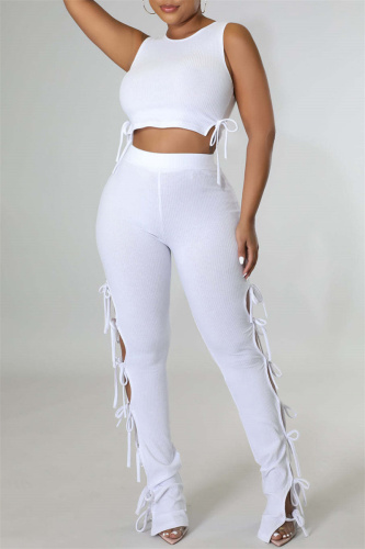 White Fashion Casual Solid Bandage O Neck Sleeveless Two Pieces