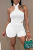 White Sexy Sportswear Solid Patchwork Asymmetrical Halter Sleeveless Two Pieces