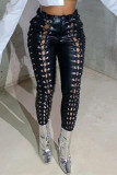 Black Fashion Sexy Solid Hollowed Out Skinny High Waist Pencil Trousers
