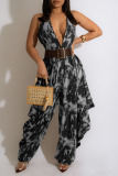 Grey Sexy Print Patchwork Backless Halter Loose Jumpsuits(Without Belt)