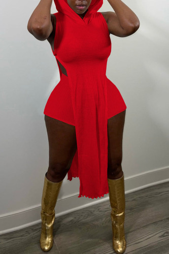 Red Sexy Solid Patchwork Slit Hooded Collar Sleeveless Two Pieces