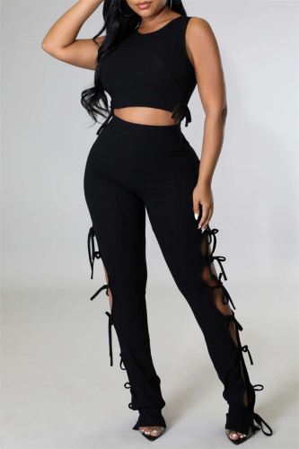 Black Fashion Casual Solid Bandage O Neck Sleeveless Two Pieces