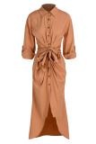 Brown Casual Solid Bandage Patchwork Buckle Turndown Collar Shirt Dress Dresses